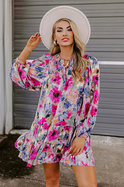 Floral Print Bubble Sleeve Shift Dress with V-Neck Tie