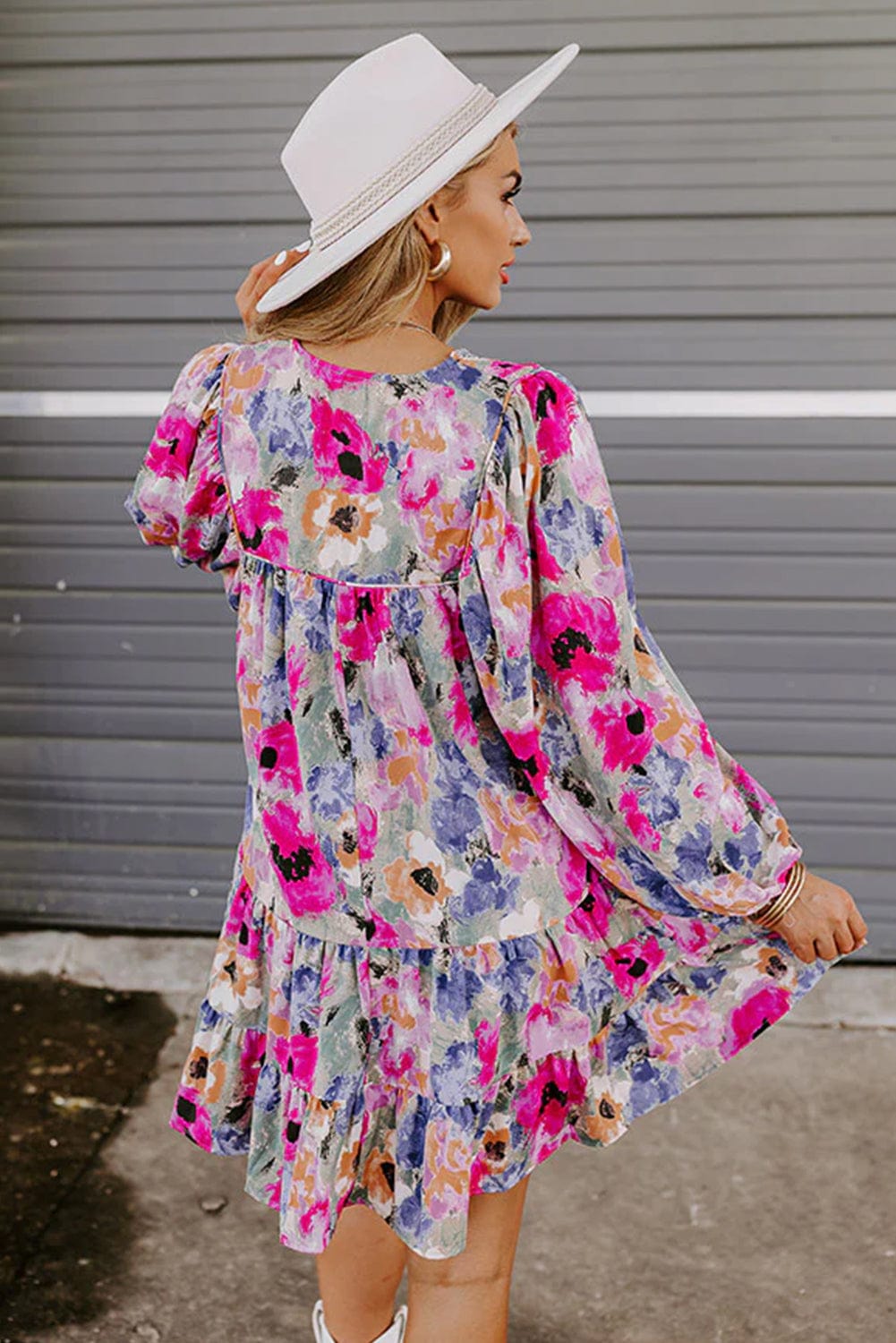Floral Print Bubble Sleeve Shift Dress with V-Neck Tie
