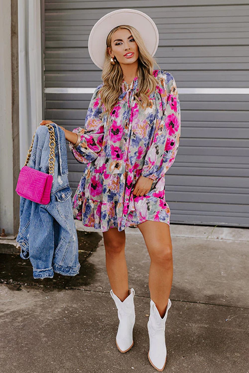 Floral Print Bubble Sleeve Shift Dress with V-Neck Tie