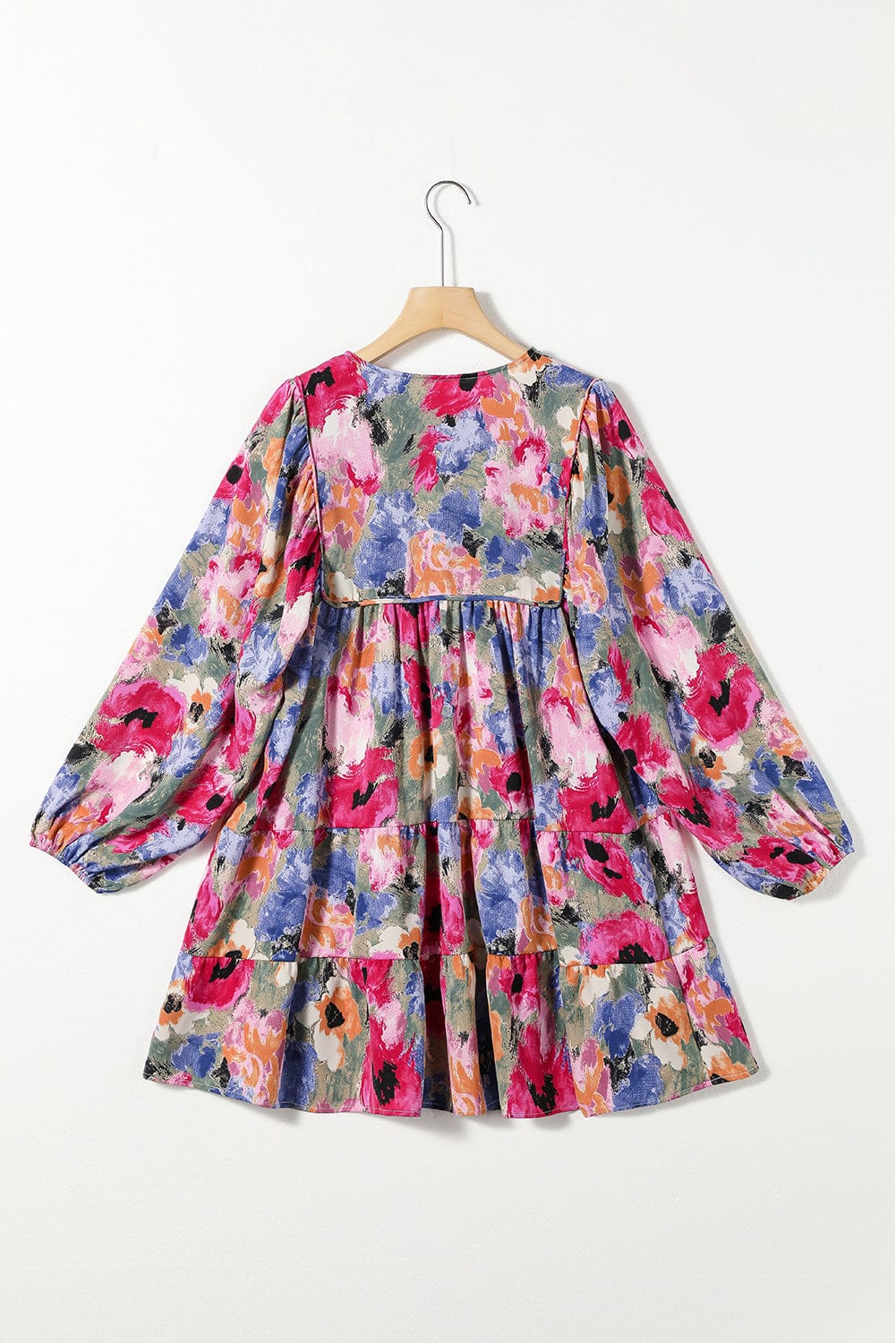 Floral Print Bubble Sleeve Shift Dress with V-Neck Tie