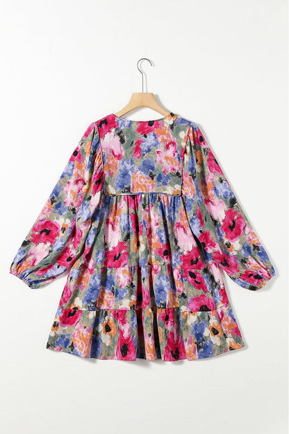 Floral Print Bubble Sleeve Shift Dress with V-Neck Tie