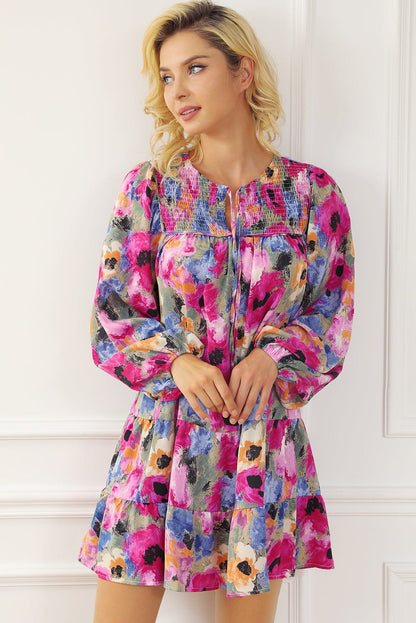 Floral Print Bubble Sleeve Shift Dress with V-Neck Tie