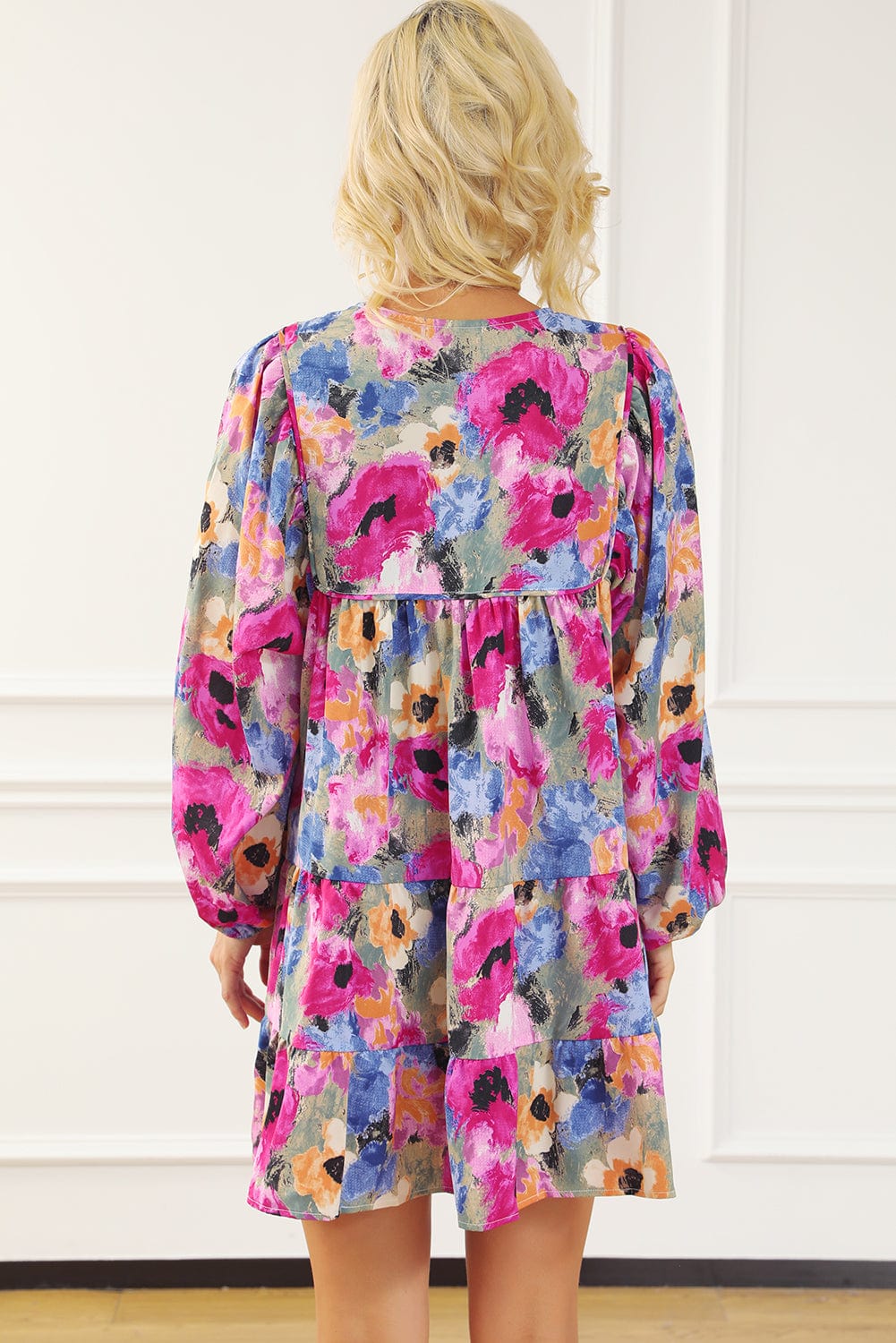 Floral Print Bubble Sleeve Shift Dress with V-Neck Tie