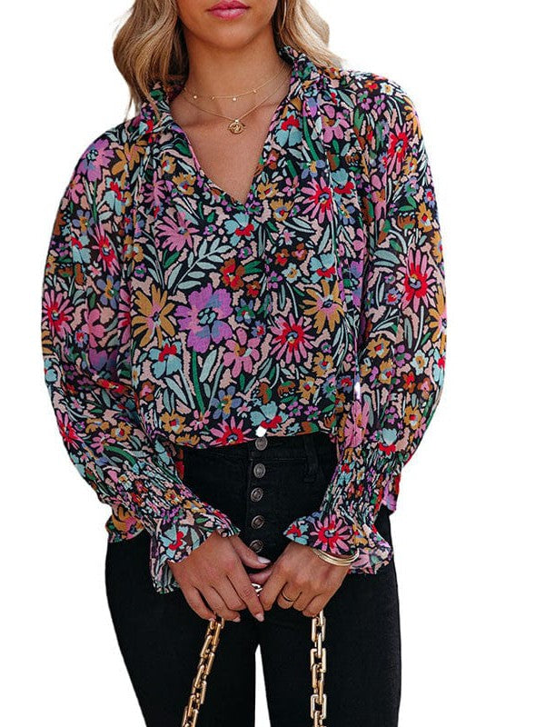 Floral Print Chiffon Blouse with Long Sleeves for Women