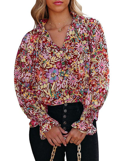Floral Print Chiffon Blouse with Long Sleeves for Women