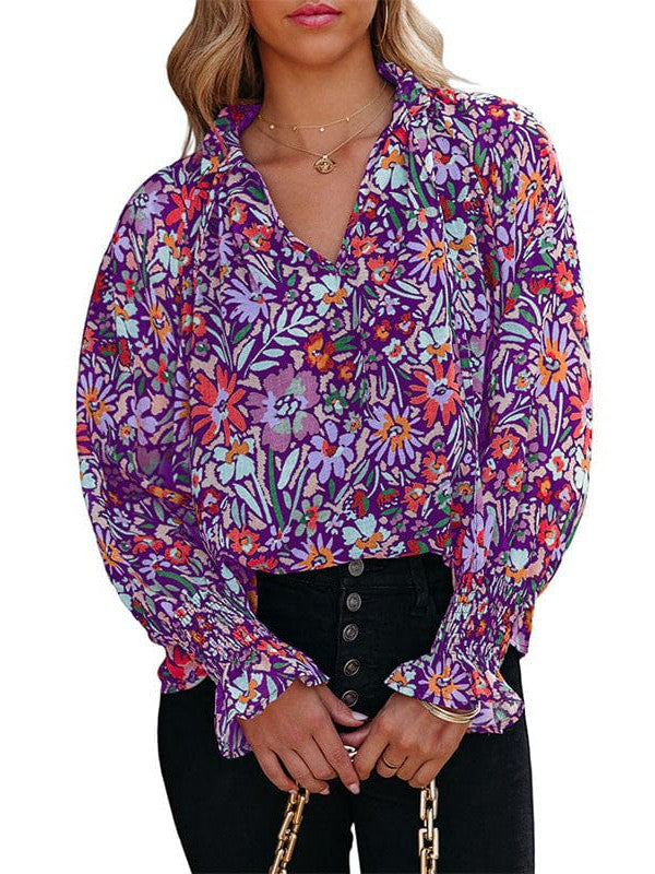 Floral Print Chiffon Blouse with Long Sleeves for Women