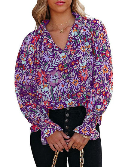 Floral Print Chiffon Blouse with Long Sleeves for Women