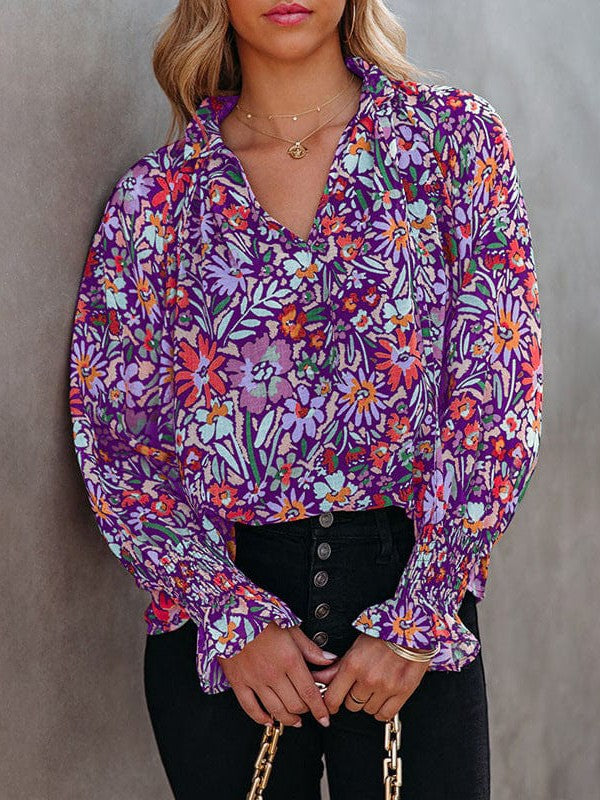 Floral Print Chiffon Blouse with Long Sleeves for Women