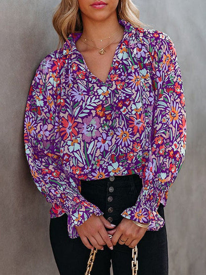 Floral Print Chiffon Blouse with Long Sleeves for Women