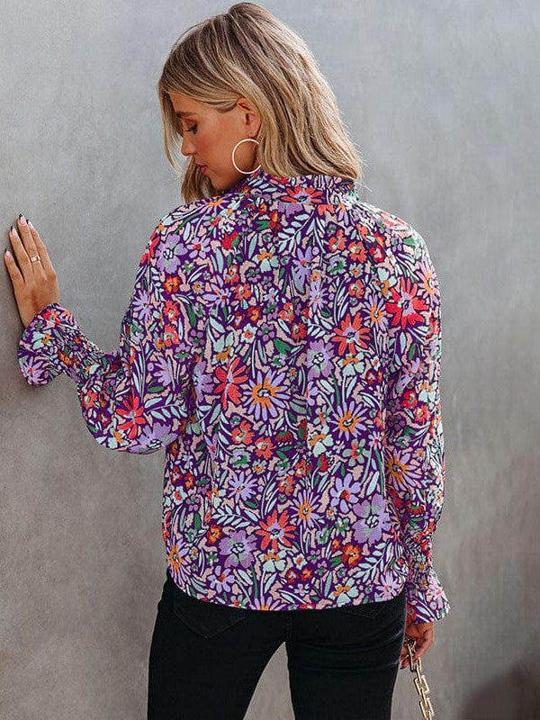 Floral Print Chiffon Blouse with Long Sleeves for Women