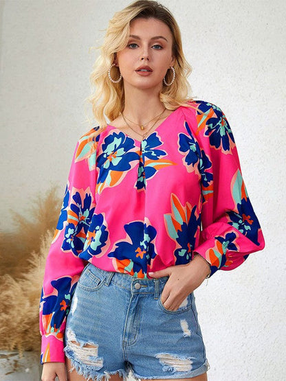 Floral Print Chiffon Pullover with Wide Lantern Sleeves for Women