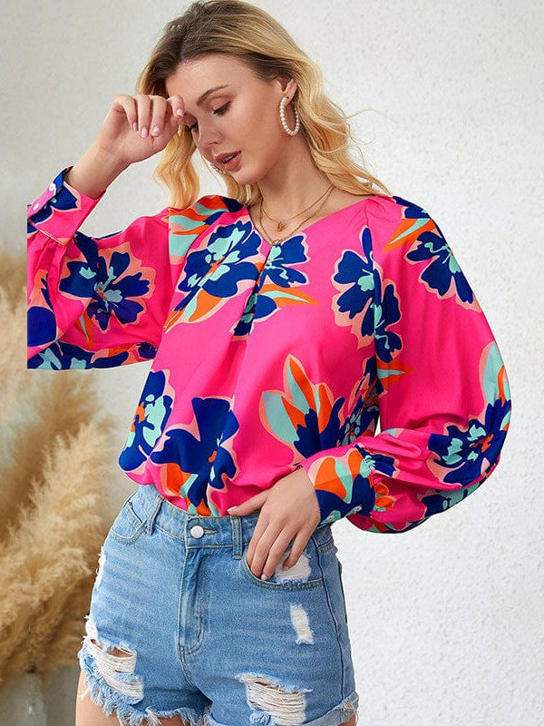 Floral Print Chiffon Pullover with Wide Lantern Sleeves for Women