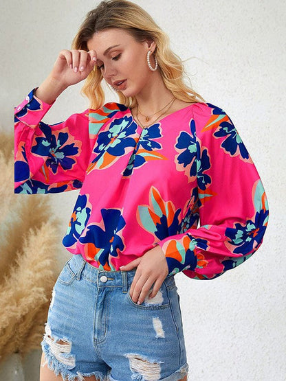 Floral Print Chiffon Pullover with Wide Lantern Sleeves for Women