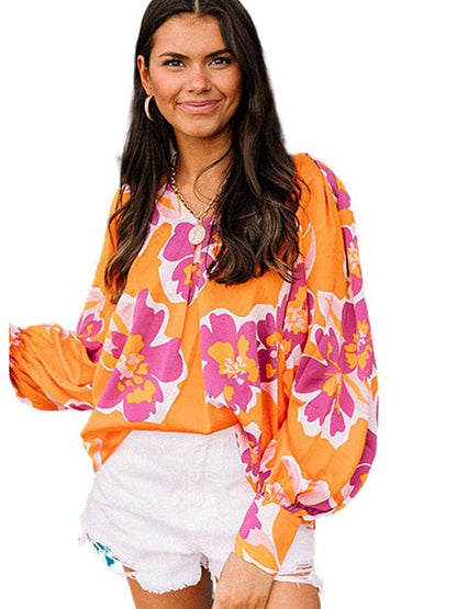 Floral Print Chiffon Pullover with Wide Lantern Sleeves for Women