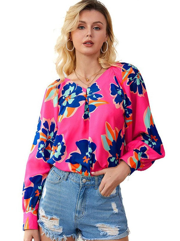 Floral Print Chiffon Pullover with Wide Lantern Sleeves for Women