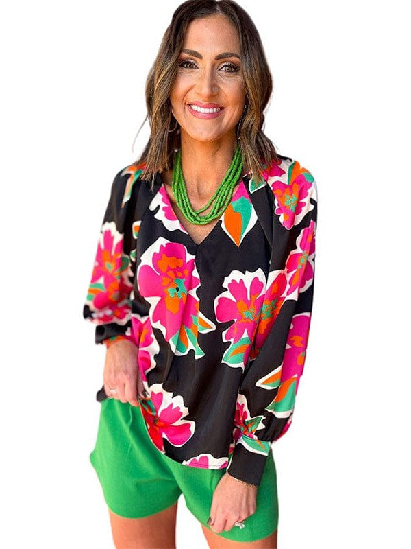 Floral Print Chiffon Pullover with Wide Lantern Sleeves for Women