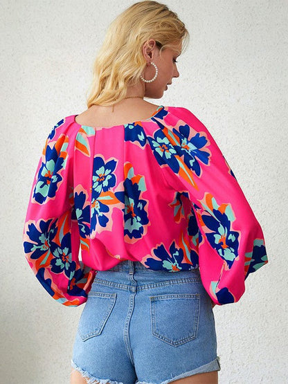 Floral Print Chiffon Pullover with Wide Lantern Sleeves for Women