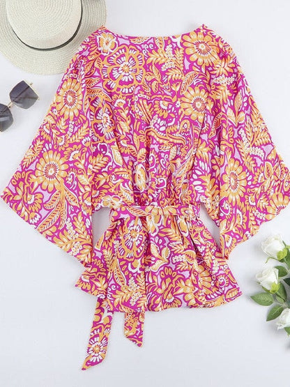 Floral Print Chiffon V-Neck Pullover with Three-Quarter Sleeves