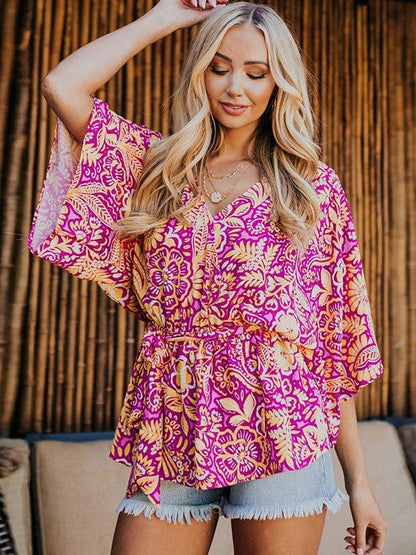 Floral Print Chiffon V-Neck Pullover with Three-Quarter Sleeves