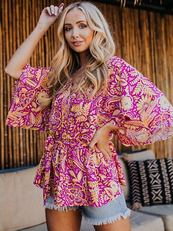 Floral Print Chiffon V-Neck Pullover with Three-Quarter Sleeves