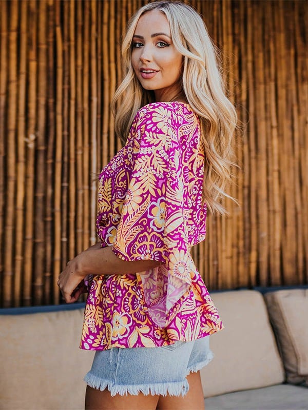 Floral Print Chiffon V-Neck Pullover with Three-Quarter Sleeves