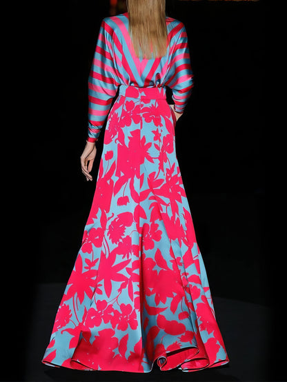 Maxi Dresses - Floral Print Deep V-neck Long Sleeve Mopping Dress - MsDressly