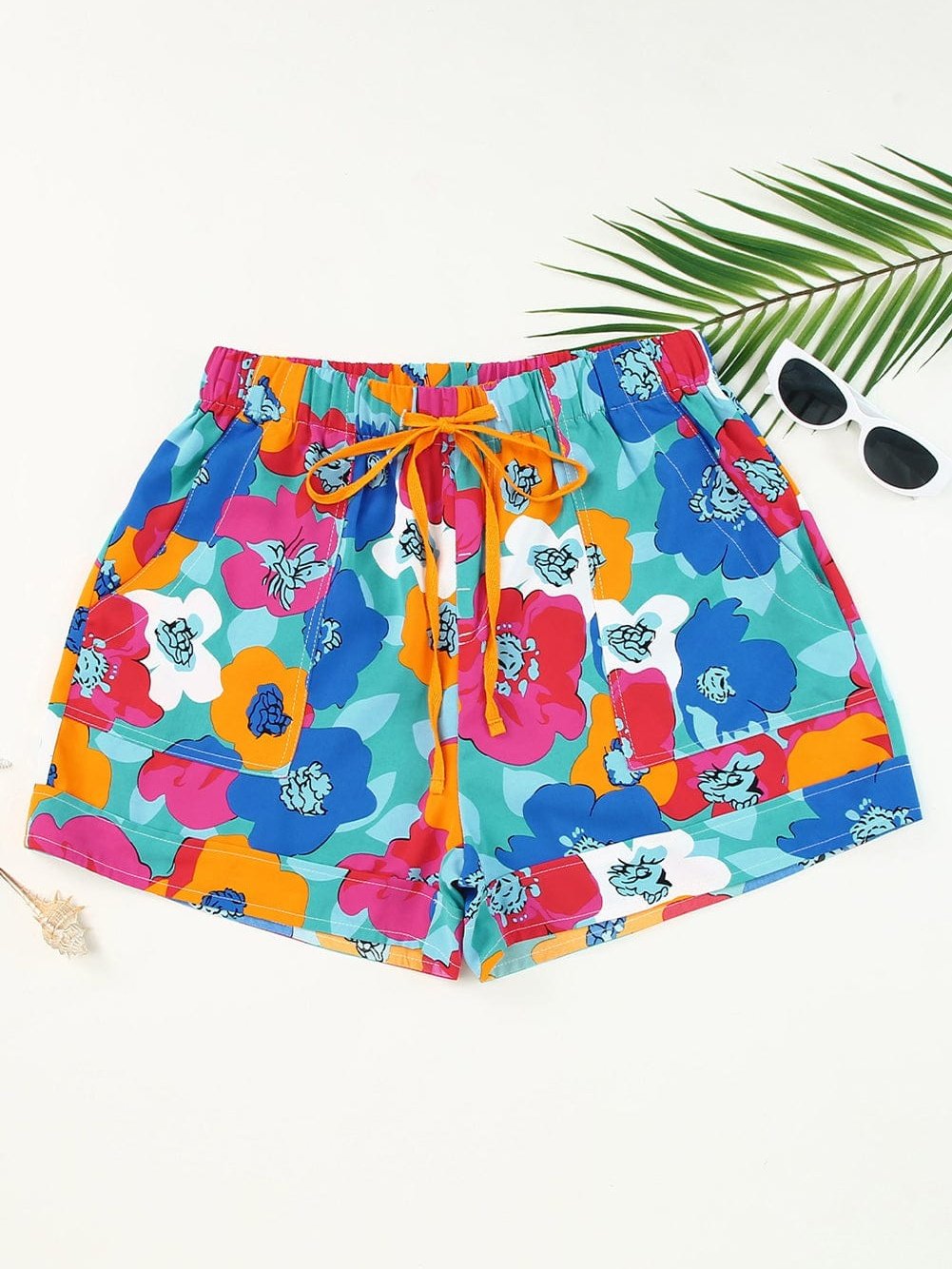 Floral Print Drawstring Casual Shorts with Multicolor Boho Style