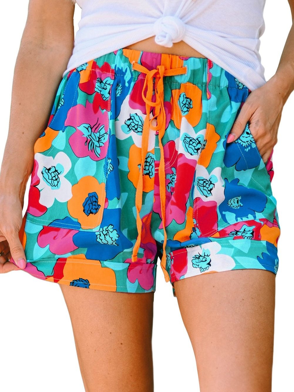 Floral Print Drawstring Casual Shorts with Multicolor Boho Style