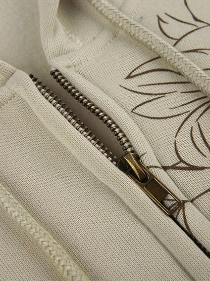 Floral Print Drawstring Zipper Pocket Loose Sports Hoodie