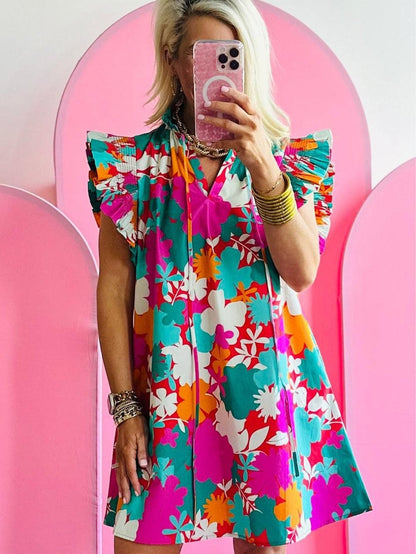 Floral Print Flutter Sleeve Mini Dress with Tie Detail