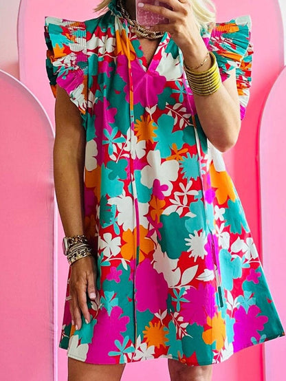 Floral Print Flutter Sleeve Mini Dress with Tie Detail
