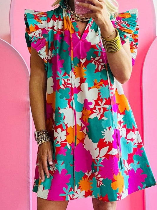 Floral Print Flutter Sleeve Mini Dress with Tie Detail