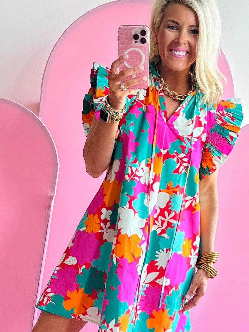 Floral Print Flutter Sleeve Mini Dress with Tie Detail