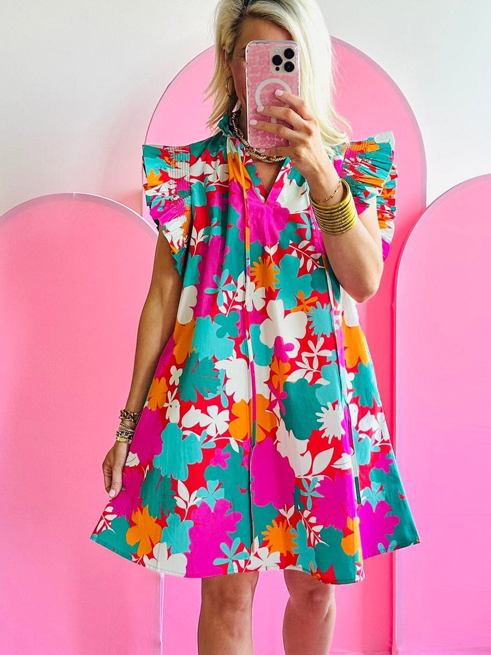 Floral Print Flutter Sleeve Mini Dress with Tie Detail