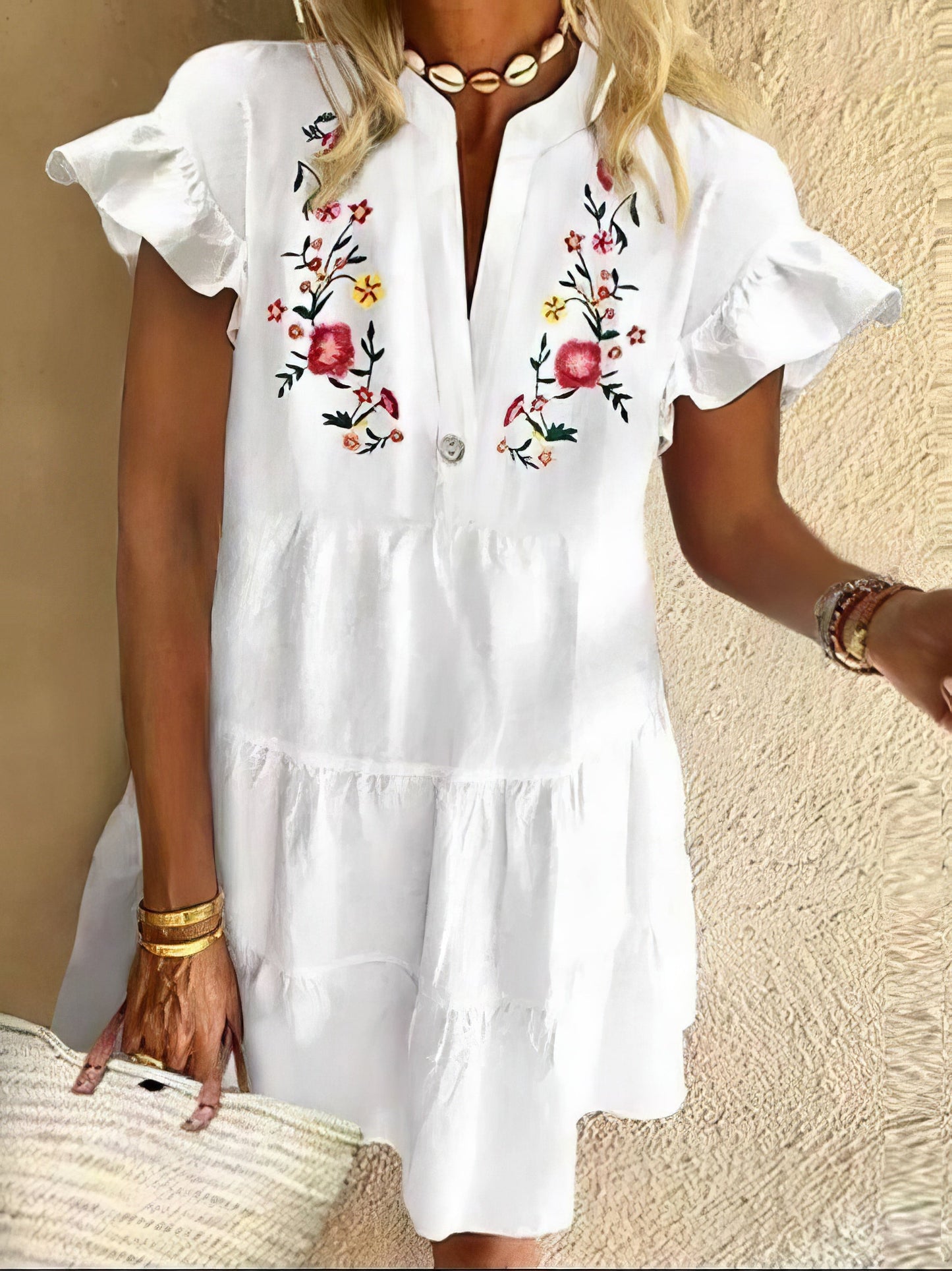 Mini Dresses - Floral Print Fringed V-neck Mini Dress - MsDressly