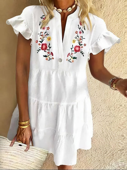 Mini Dresses - Floral Print Fringed V-neck Mini Dress - MsDressly