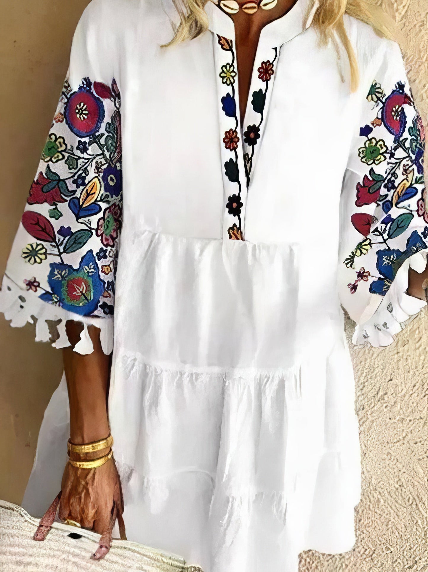 Mini Dresses - Floral Print Fringed V-neck Mini Dress - MsDressly