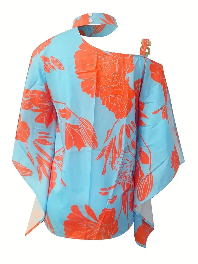 Floral Print Halter Batwing Sleeve Women's Blouse for Summer