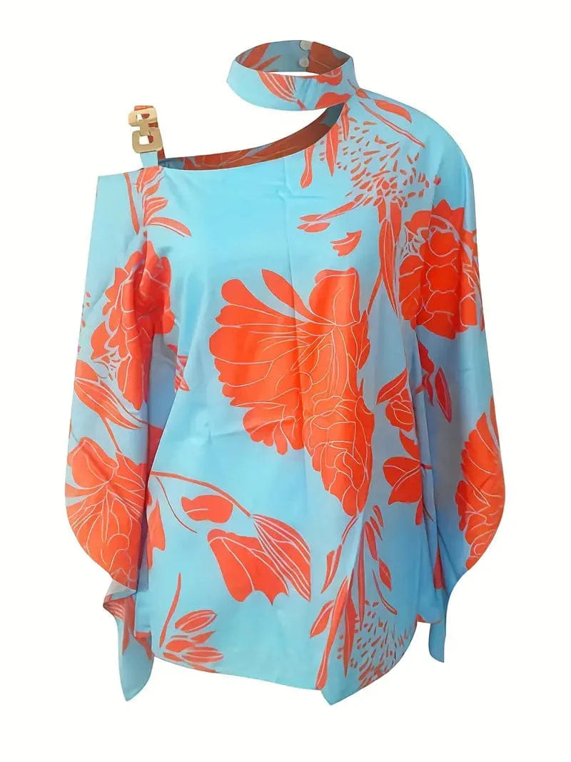Floral Print Halter Batwing Sleeve Women's Blouse for Summer