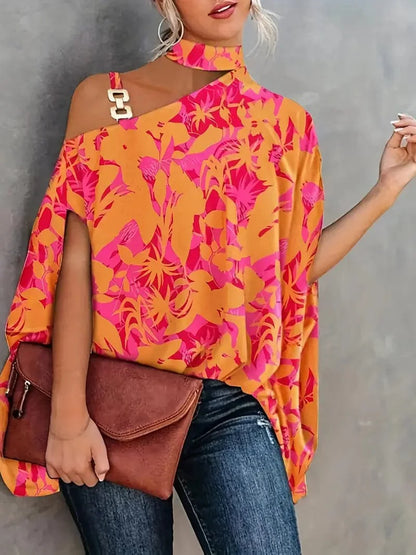 Floral Print Halter Batwing Sleeve Women's Blouse for Summer