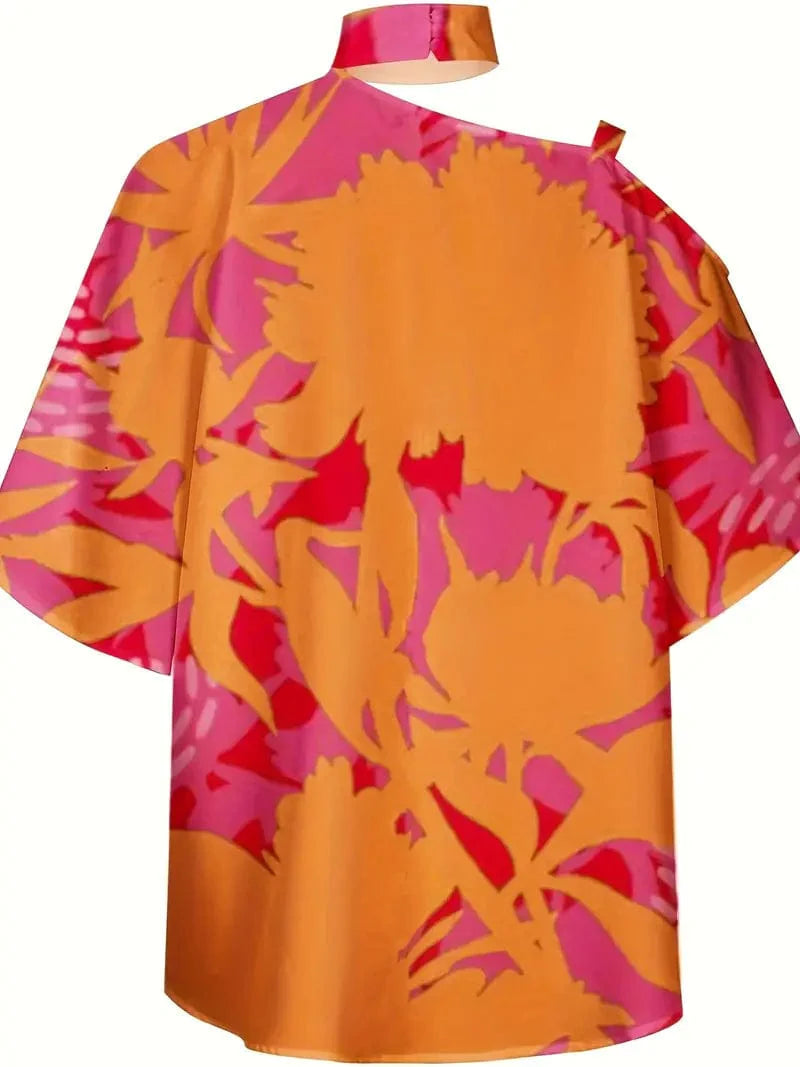 Floral Print Halter Batwing Sleeve Women's Blouse for Summer