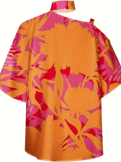 Floral Print Halter Batwing Sleeve Women's Blouse for Summer