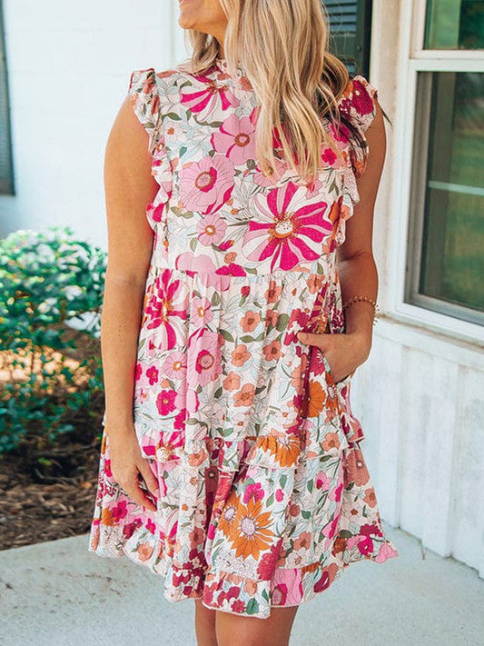 Floral Print High Waist Dress with Ruffled Sleeveless Details