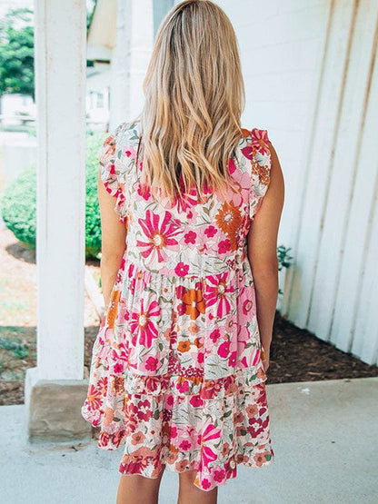 Floral Print High Waist Dress with Ruffled Sleeveless Details