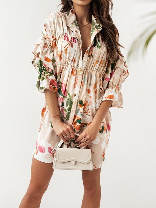 Floral Print Layered Sleeve Mini Dress