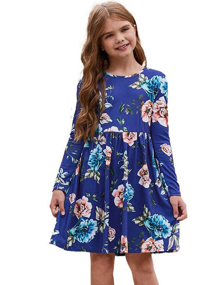 Floral Print Long Sleeve Loose Short Dress for Girls