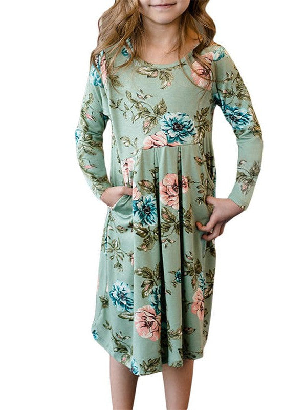 Floral Print Long Sleeve Loose Short Dress for Girls