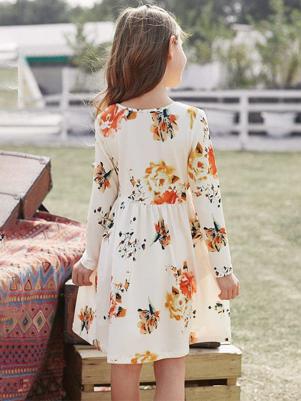 Floral Print Long Sleeve Loose Short Dress for Girls