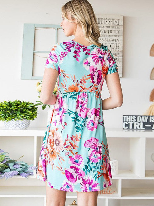 Floral Print Loose Dress with Round Neck and High Waist Skirt