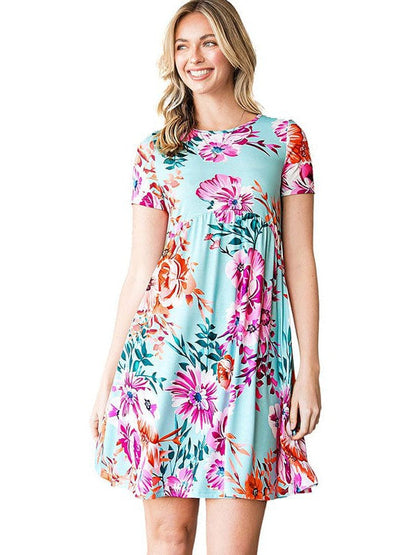 Floral Print Loose Dress with Round Neck and High Waist Skirt